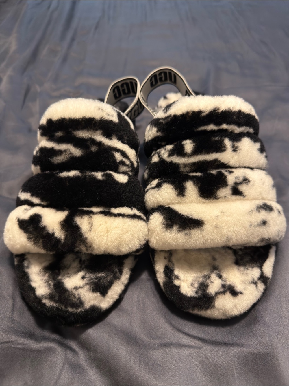 UGG Black & White Faux Fur Slide Sandals with Branded Heel Strap